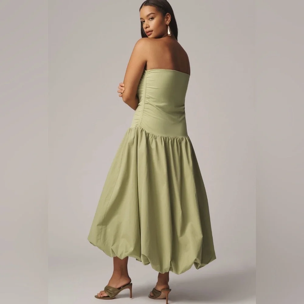 NWT! Anthro Sage Green Mare Mare Strapless Drop-Waist Bubble Midi Dress 🔴🐚🖼️ - Picture 6 of 11